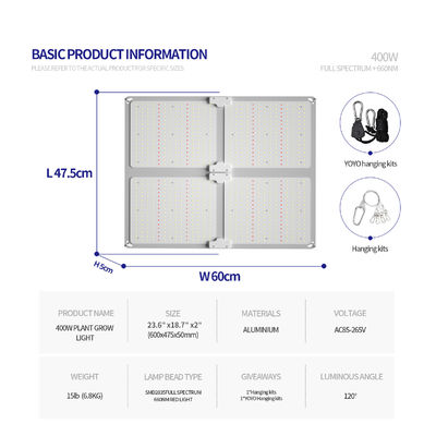 ইনডোর গাছের বৃদ্ধির জন্য নিয়মিত ঝুলন্ত উচ্চতা সহ 400W পাওয়ার আউটপুট ফুল স্পেকট্রাম LED গ্রো লাইট